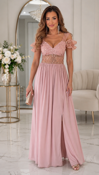 Blush pink sequin bodice cold shoulder maxi evening dress with front slit