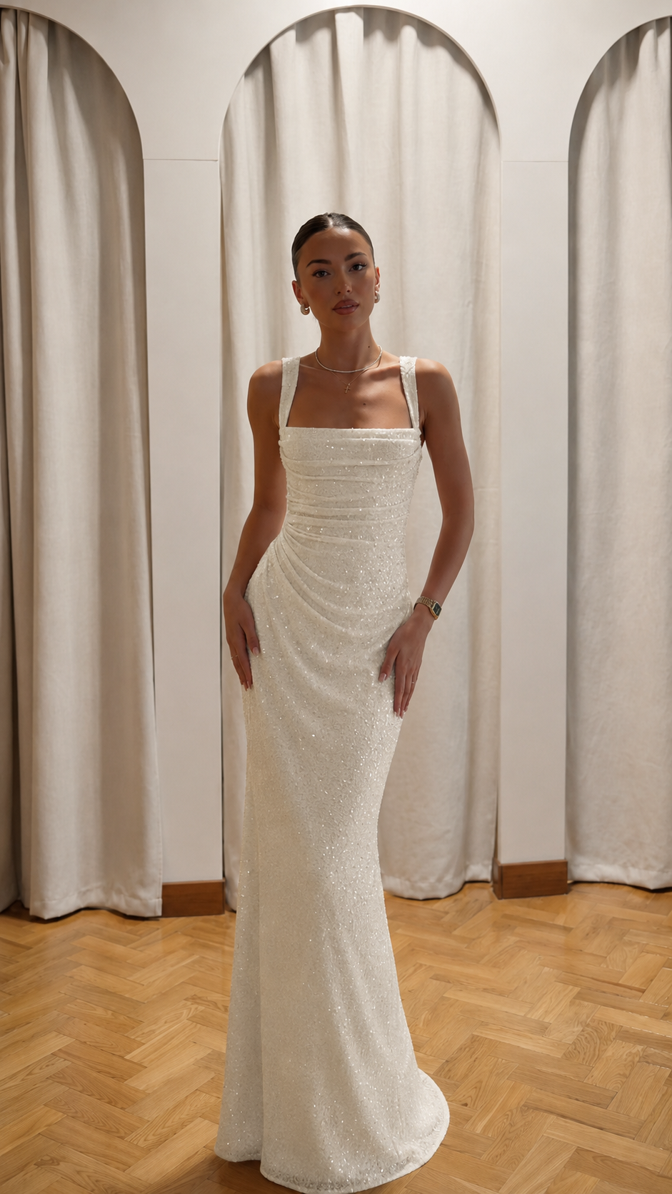 Front view of ivory glitter ruched formal maxi dress