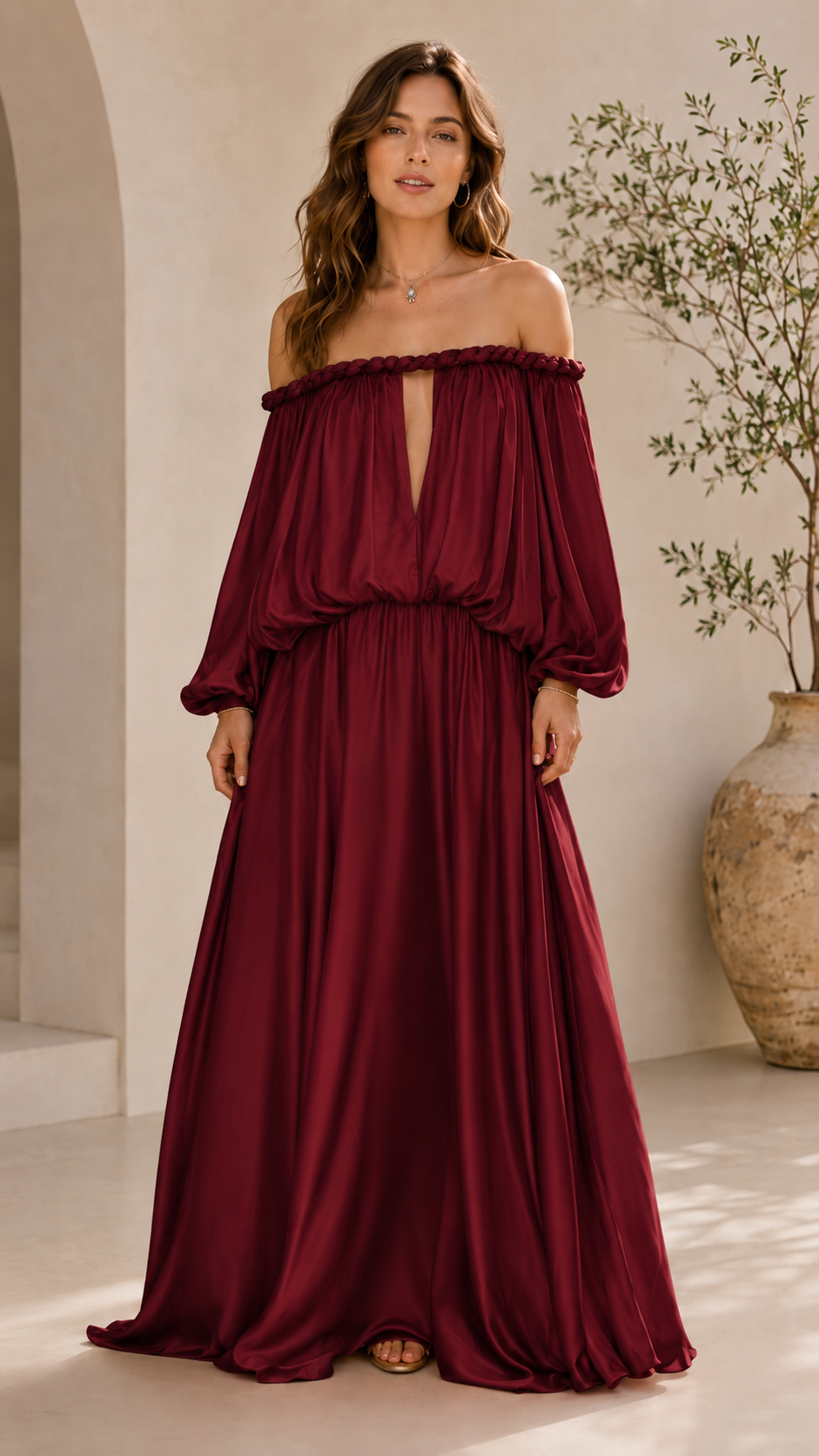 Front view of burgundy off shoulder plunge maxi dress with balloon sleeves