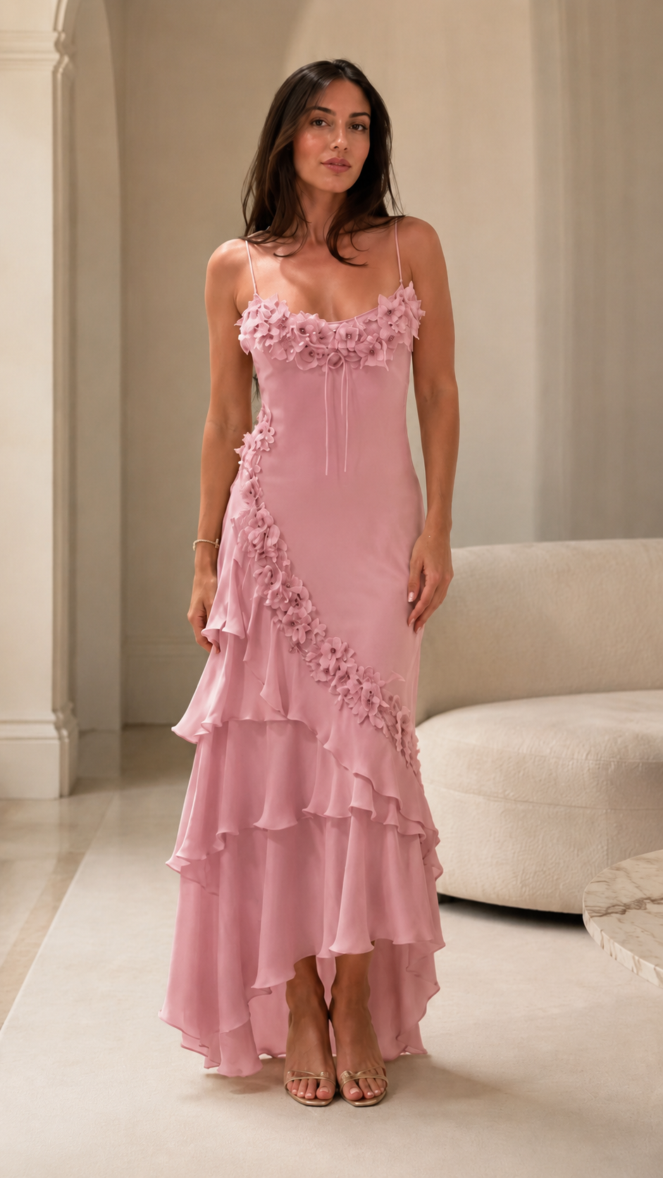 Front view of blush pink floral appliqué cami maxi dress with cascading hem