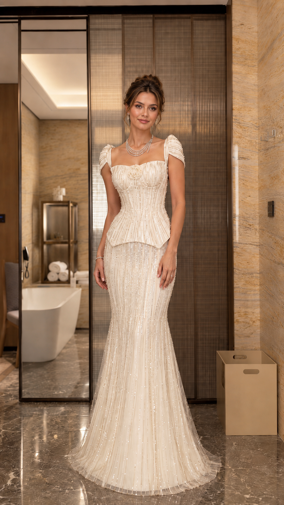 Front view of ivory sweetheart mermaid formal gown with fitted bodice and flared hem