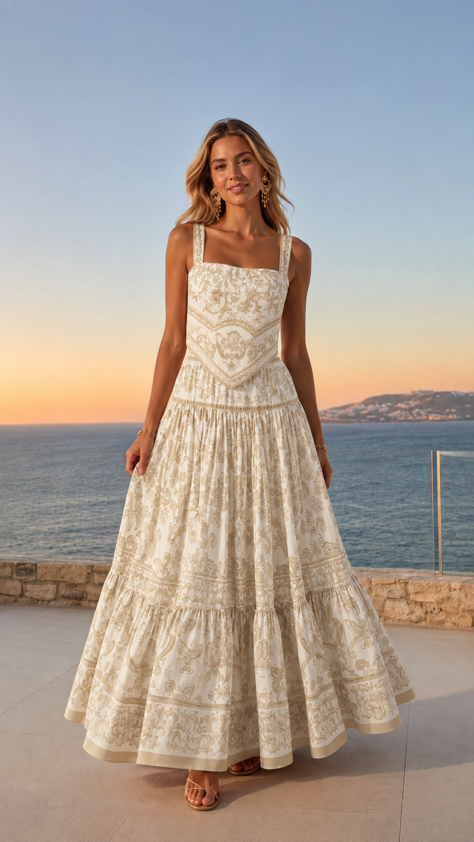 Front view of cream printed tiered square-neck maxi dress