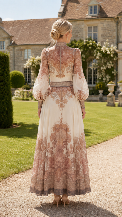 Back view of ivory printed maxi dress with long sheer sleeves and fitted waist