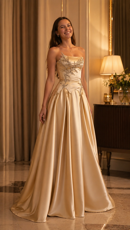 Champagne formal dress with straight neckline and ornate embellished bodice