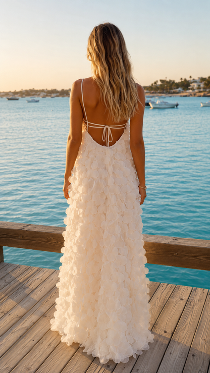 Ivory textured maxi dress back view with open back and tie detail
