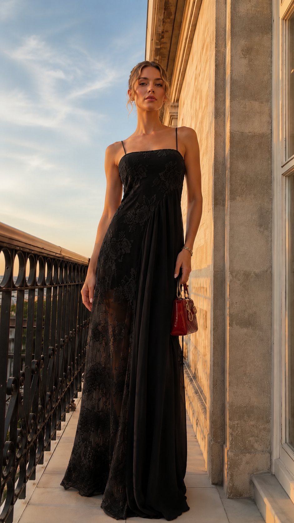 Model wearing black lace overlay spaghetti strap maxi evening dress