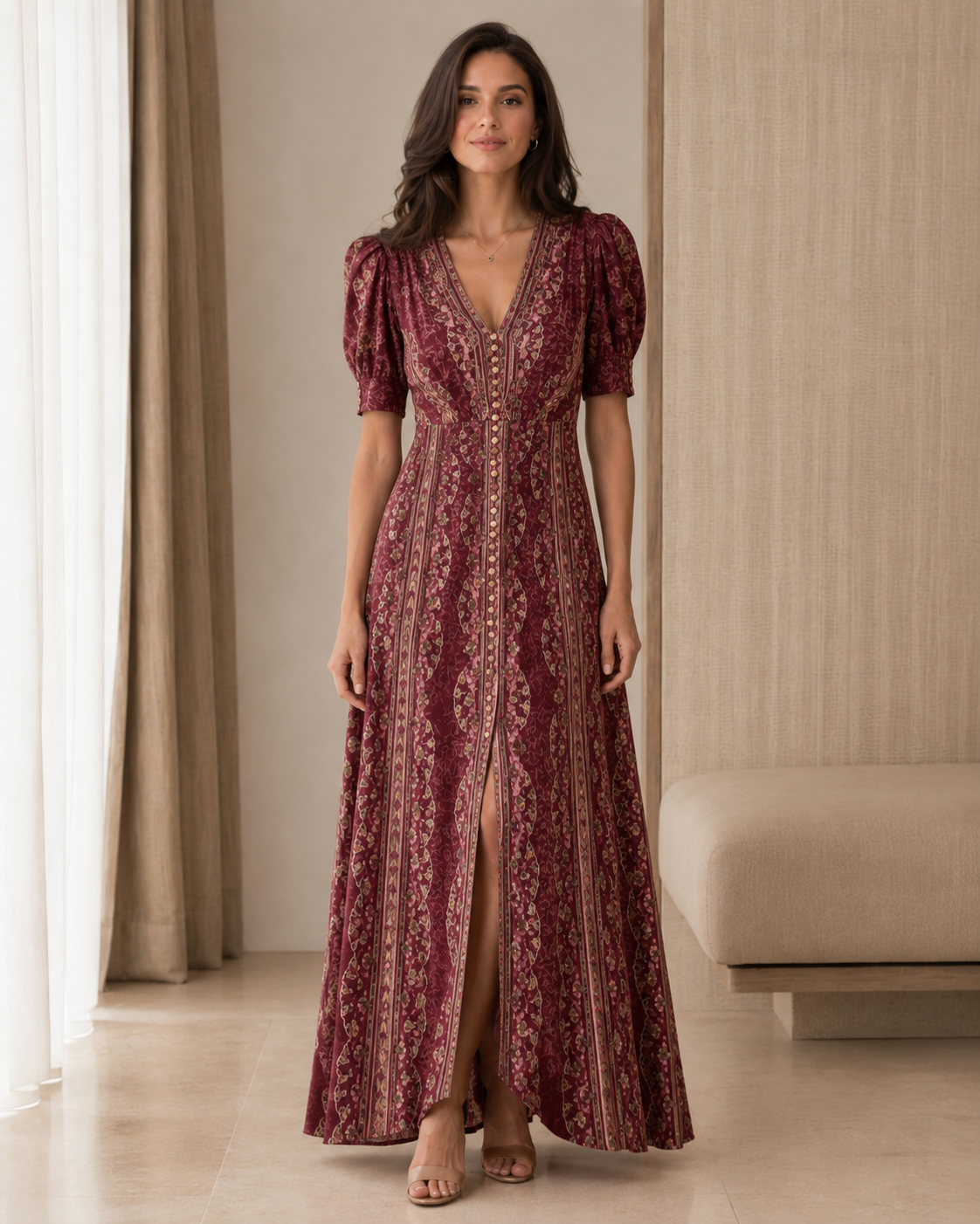 Front view of burgundy printed puff sleeve V-neck maxi dress with front slit