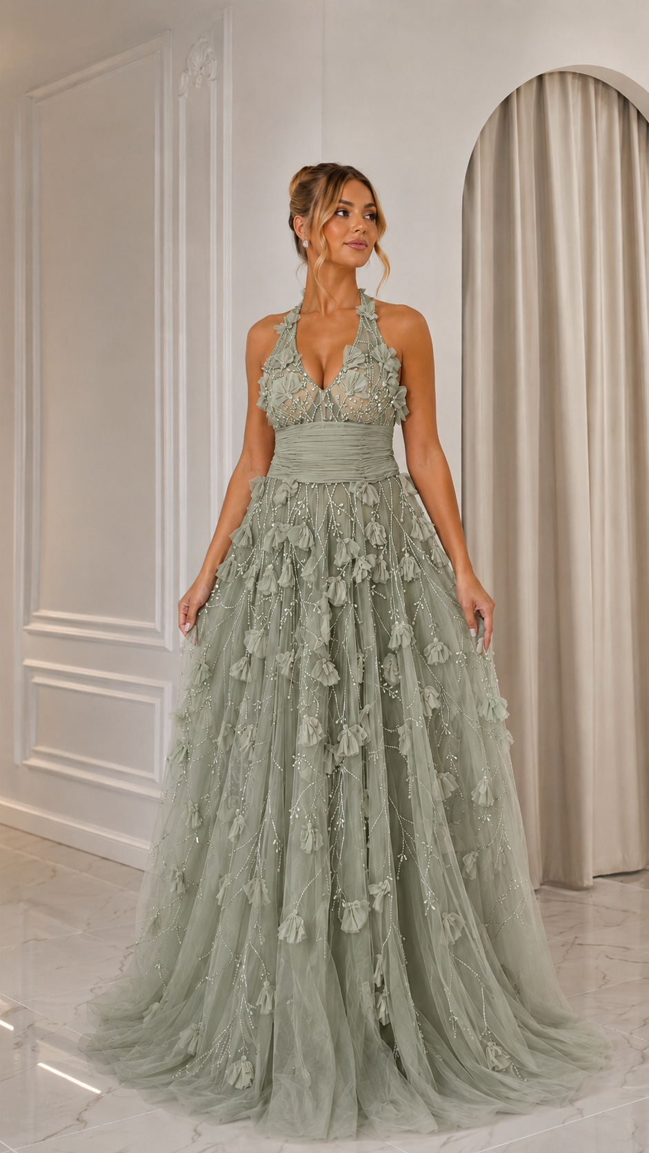 Front view of sage green halter formal gown with floral texture and full silhouette