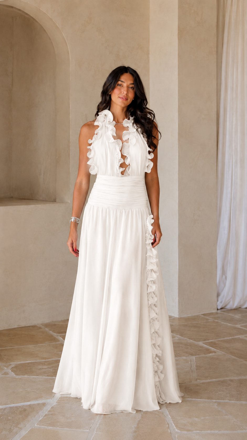 White ruffle halter backless maxi dress front view