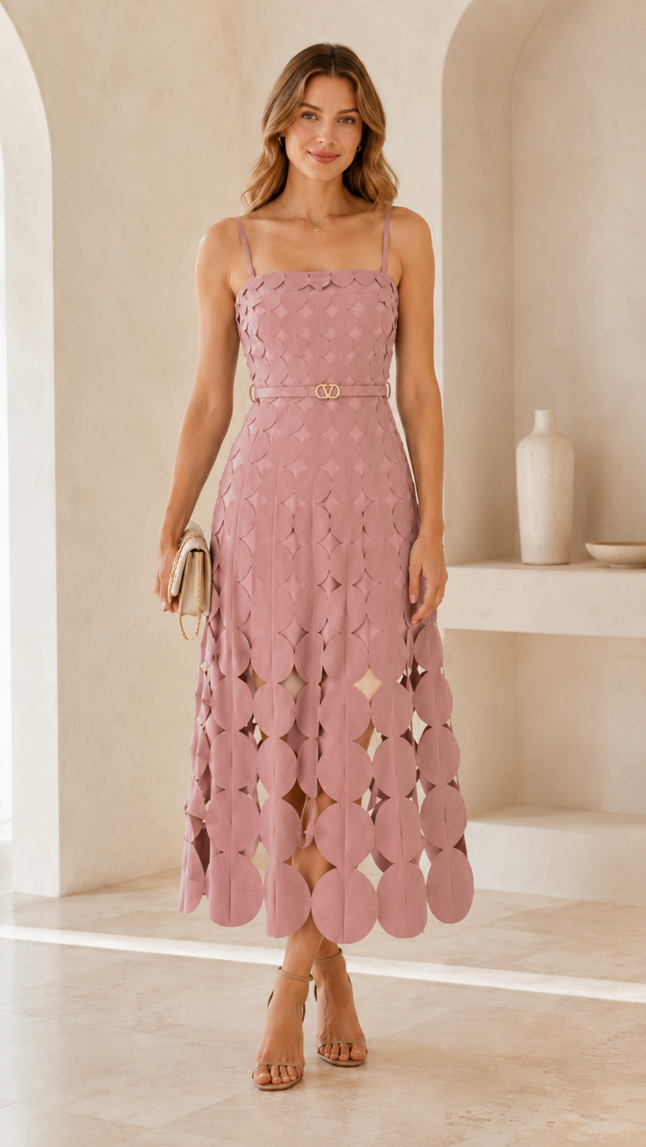 Woman wearing blush pink cutout midi dress with fitted bodice and flared skirt