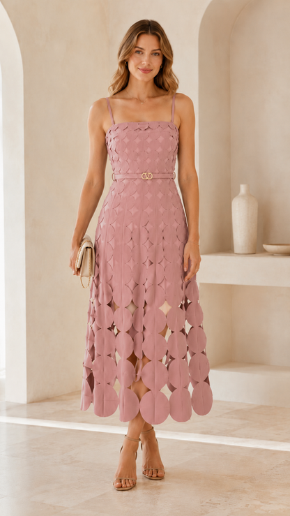 Woman wearing blush pink cutout midi dress with fitted bodice and flared skirt