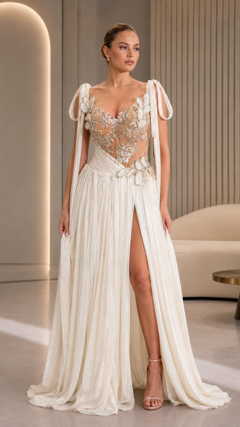Ivory embellished evening gown with pleated skirt and front slit