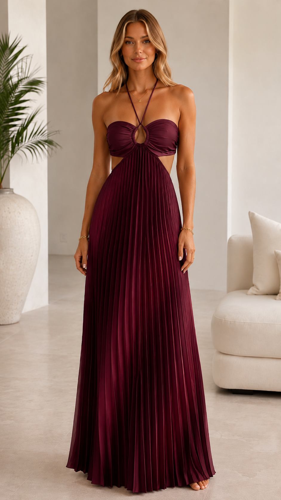 Front view of wine pleated halter maxi dress with ring detail