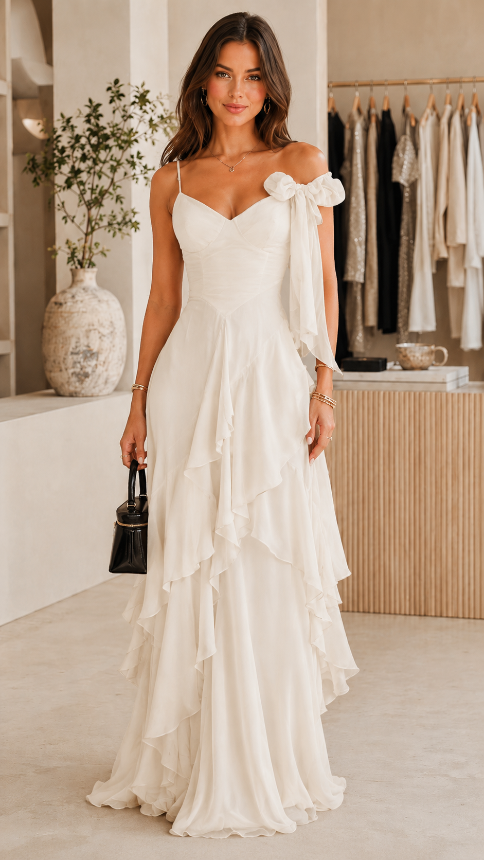 Front view of ivory one-shoulder formal maxi dress with cascading ruffles