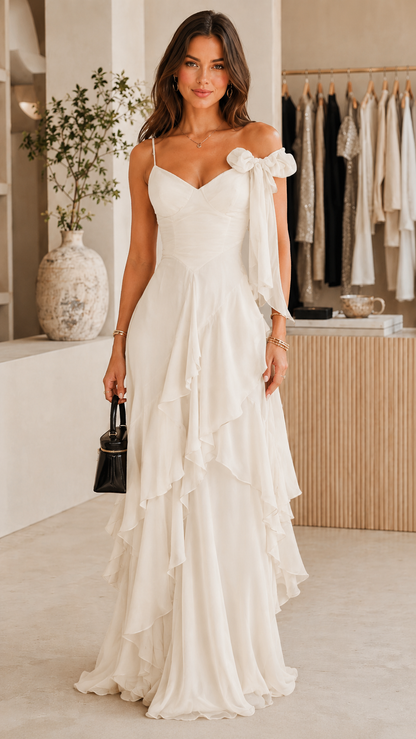Front view of ivory one-shoulder formal maxi dress with cascading ruffles
