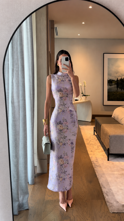 Front view of lilac floral sleeveless fitted long dress