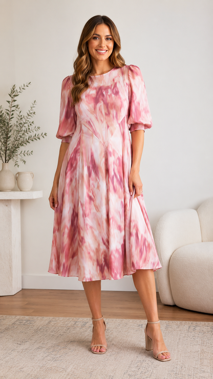 Front view of blush pink tie-dye midi dress with soft puff sleeves