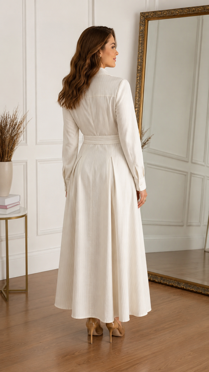 Back view of cream long sleeve maxi dress with fitted waist and flowing skirt