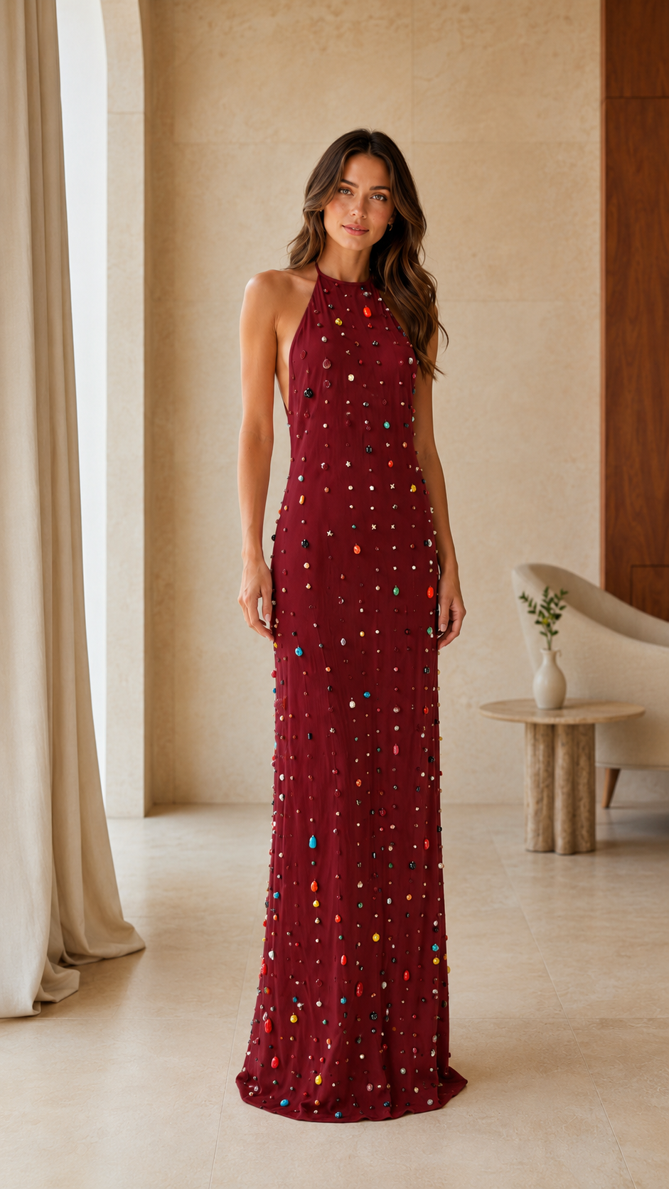 Model wearing a burgundy embellished halter neck maxi dress