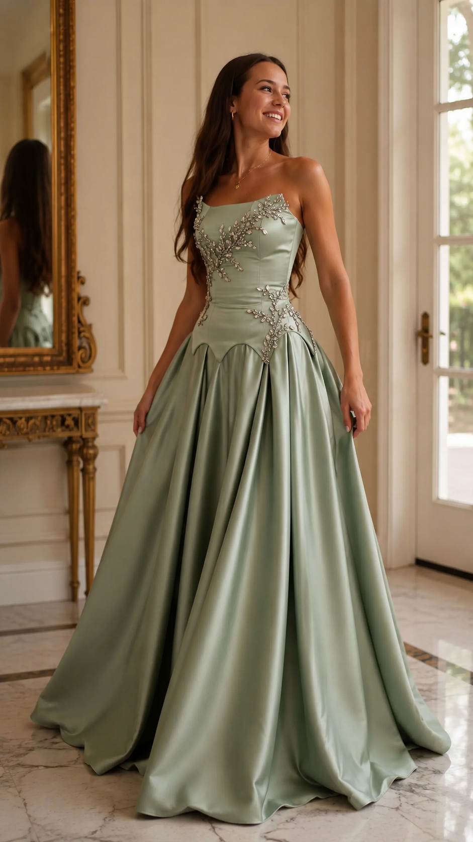 Sage green strapless satin-look gown with embellished bodice and full skirt