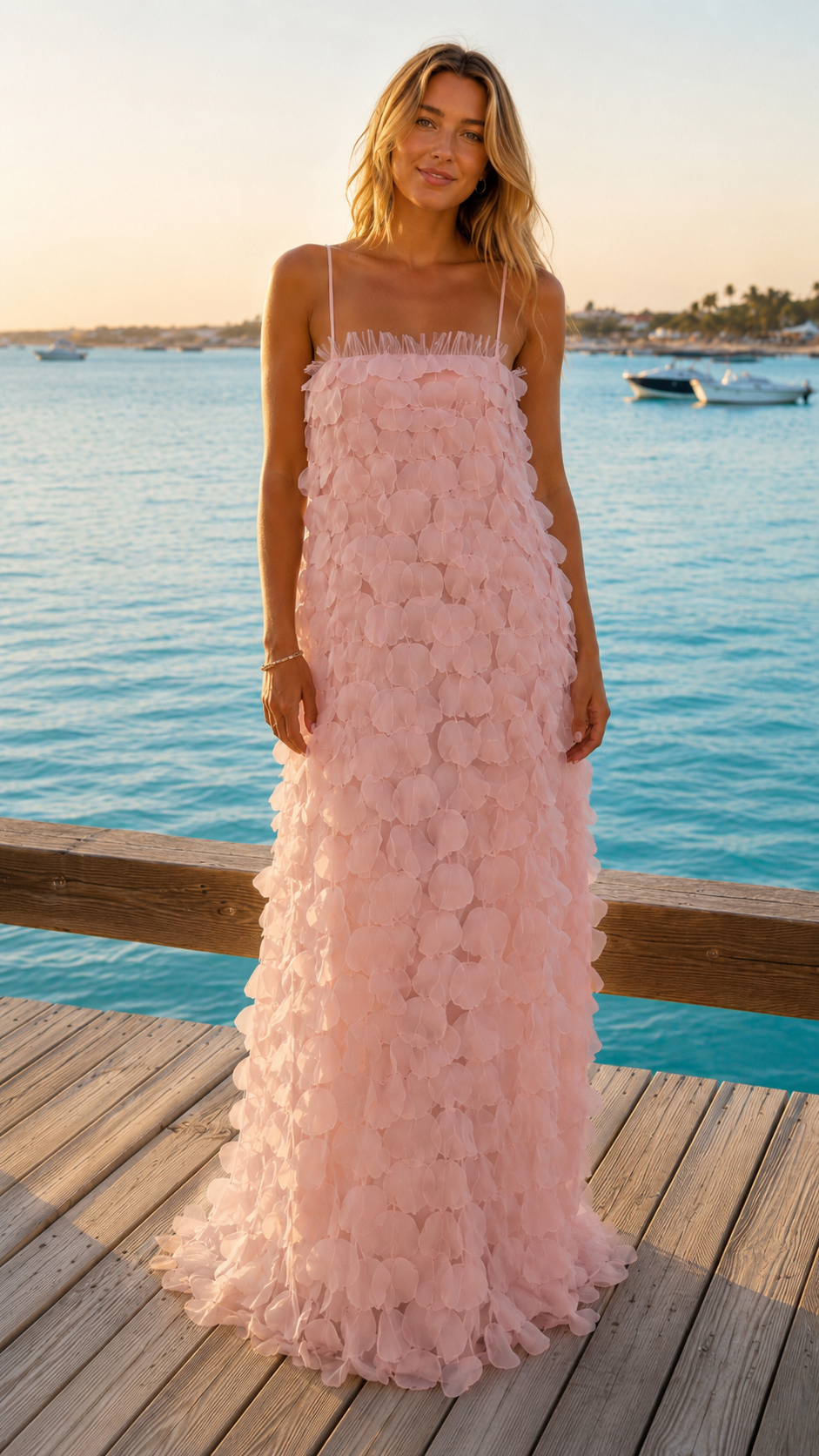 Blush pink textured maxi dress with spaghetti straps and floral appliqué front view