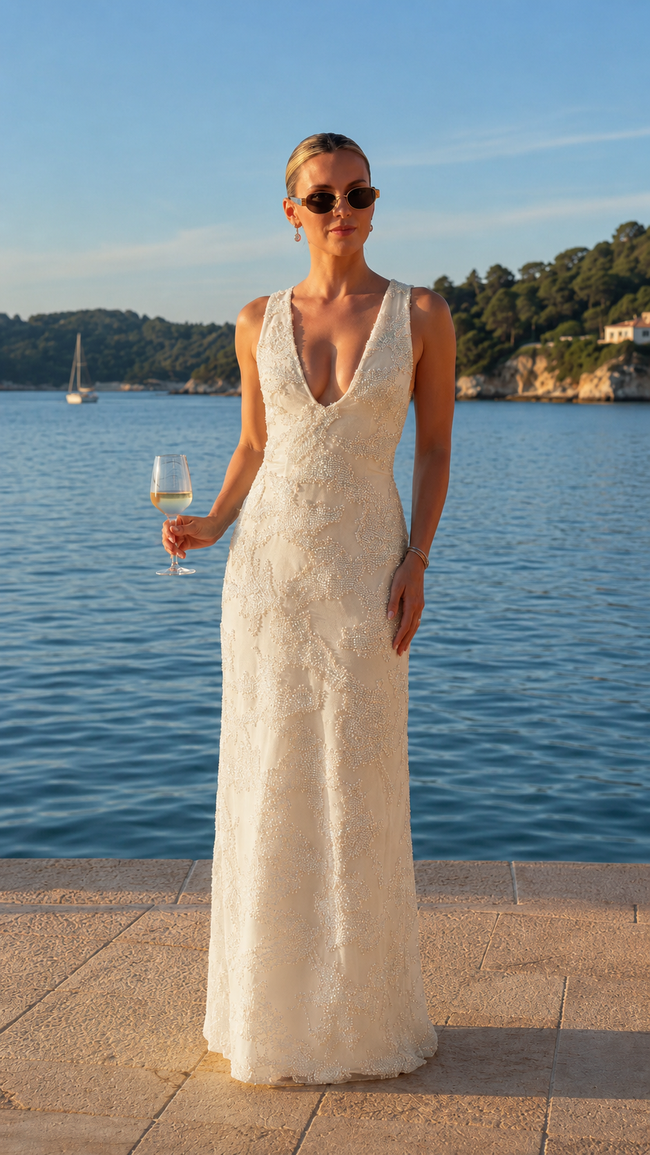 Front view of ivory deep V-neck embellished lace maxi evening dress