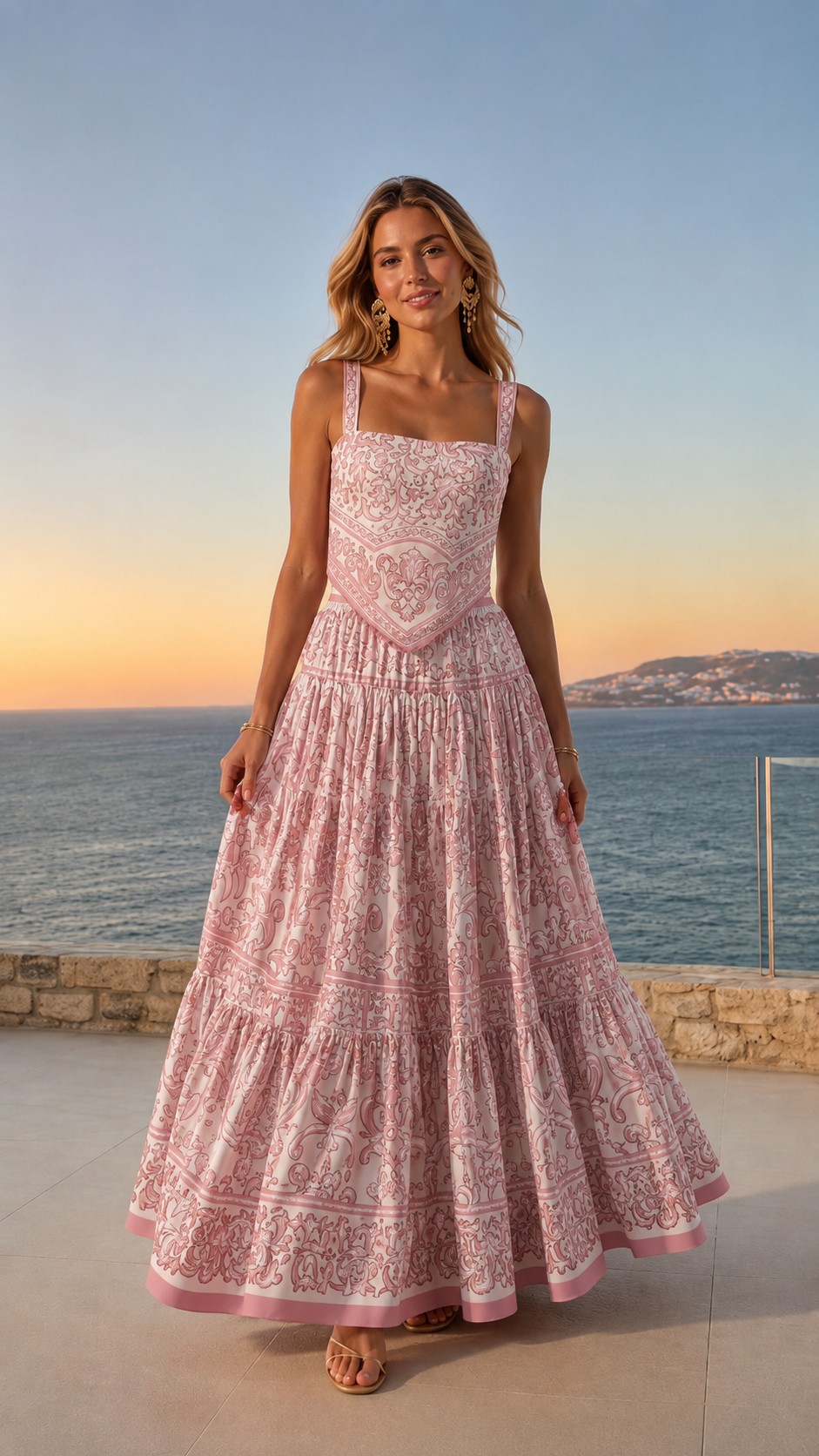 Front view of blush pink printed tiered maxi dress