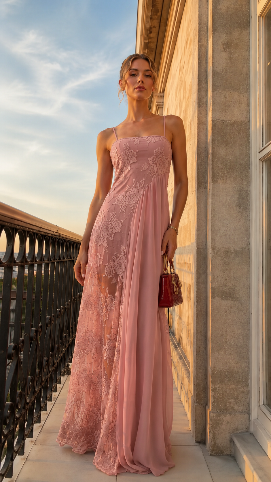 Model wearing blush pink lace overlay spaghetti strap maxi evening dress