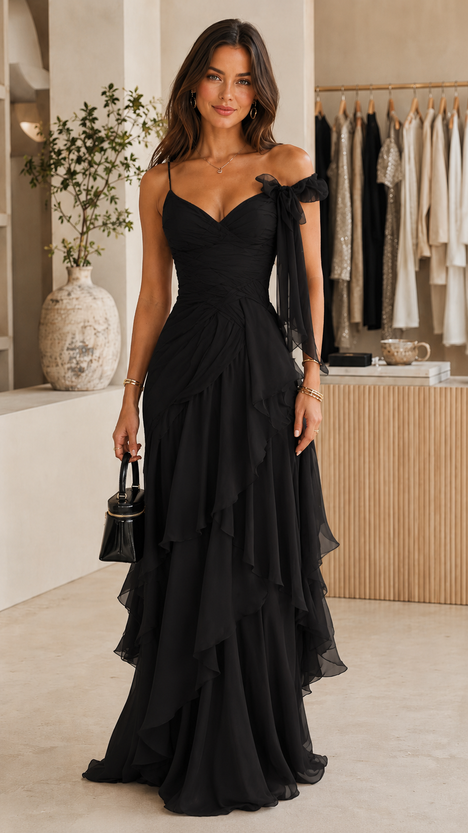 Front view of black one-shoulder chiffon-look maxi dress with layered skirt