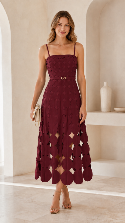 Woman wearing burgundy spaghetti strap midi dress with belted waist and patterned cutout detail