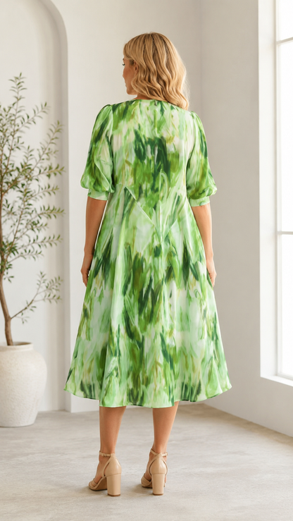 Back view of lime green tie-dye midi dress with flowing skirt