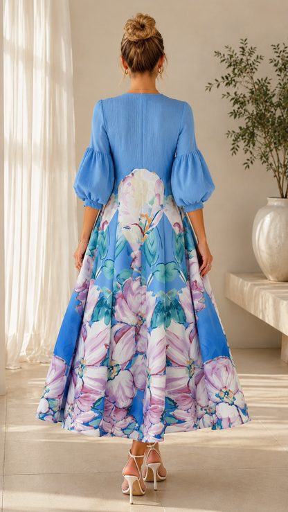 Sky blue floral puff sleeve full skirt dress back view