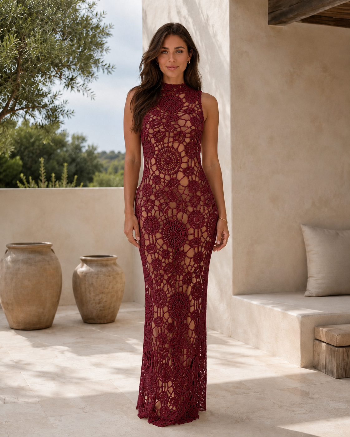 Front view of burgundy sleeveless crochet lace maxi dress