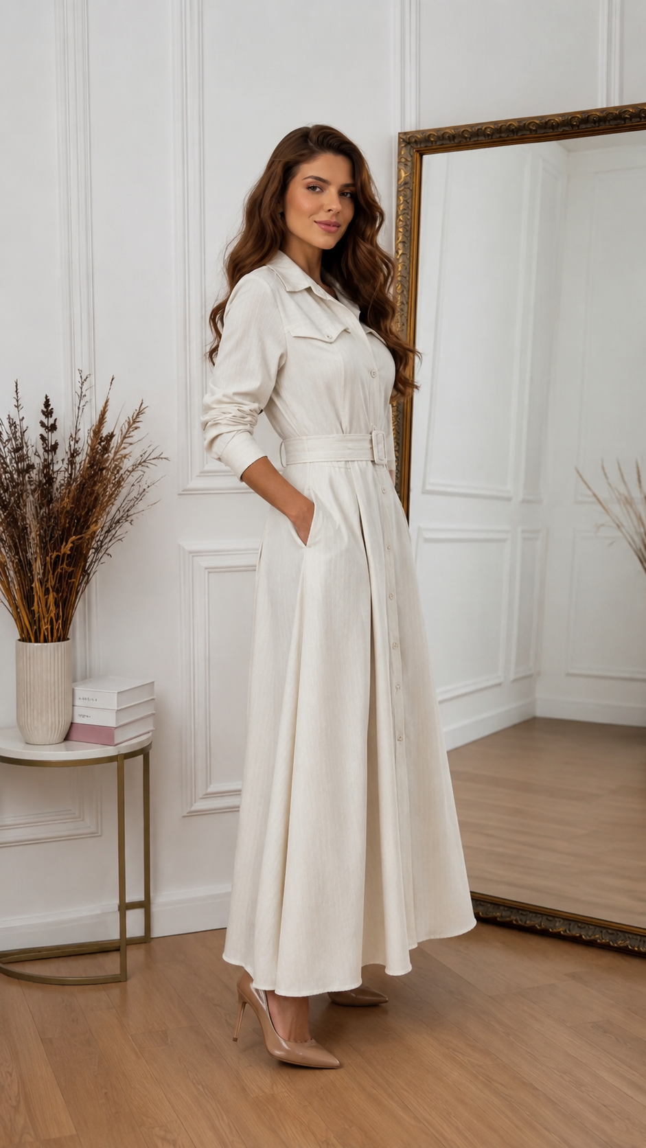 Side view of cream collared belted maxi dress with pockets