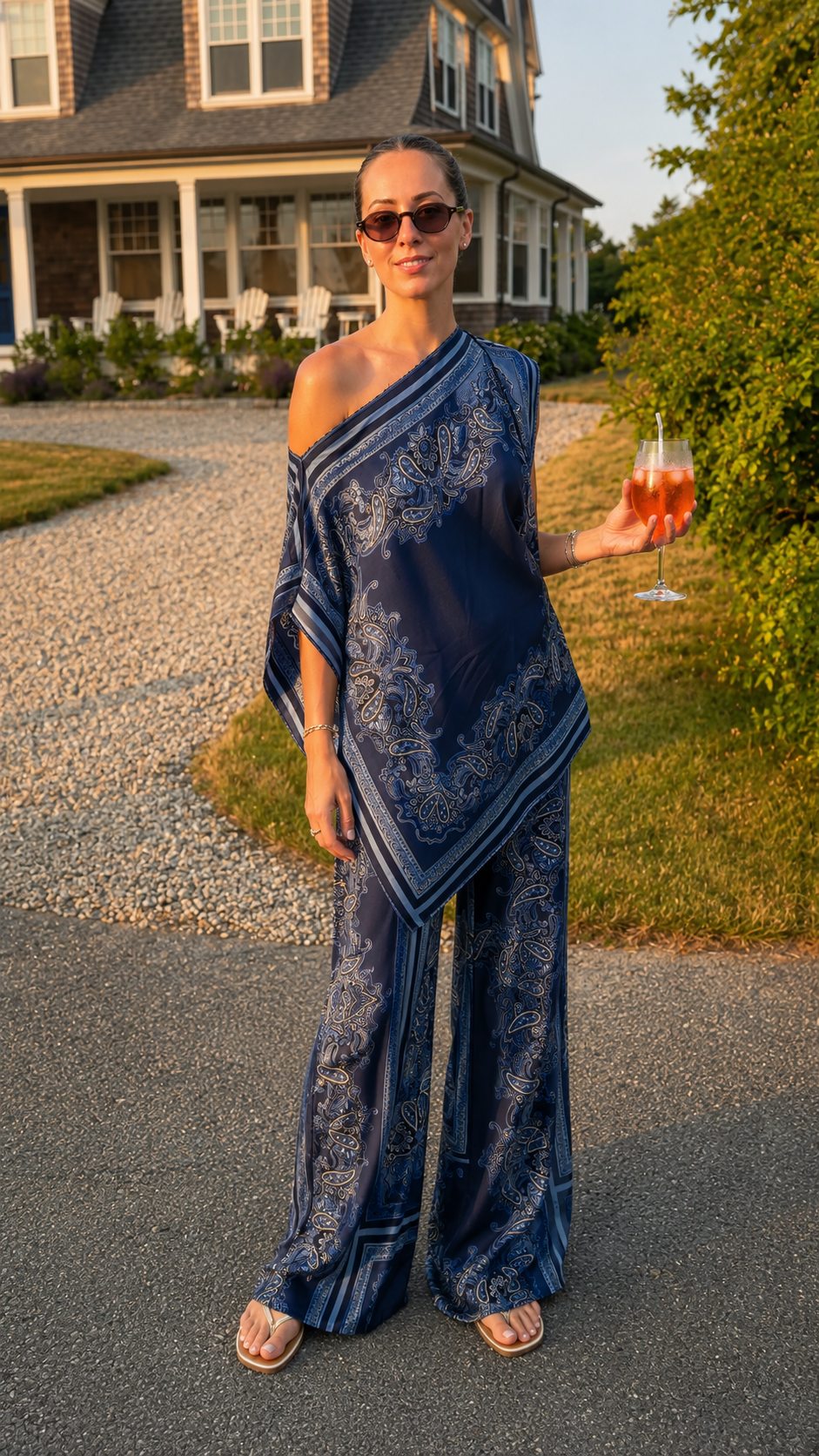 Model wearing navy printed one-shoulder draped top with matching wide leg pants