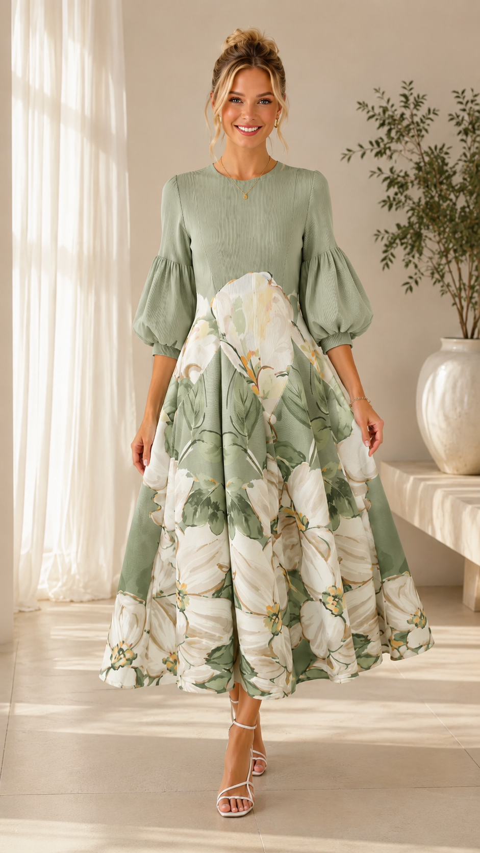 Sage green floral puff sleeve full skirt dress front view