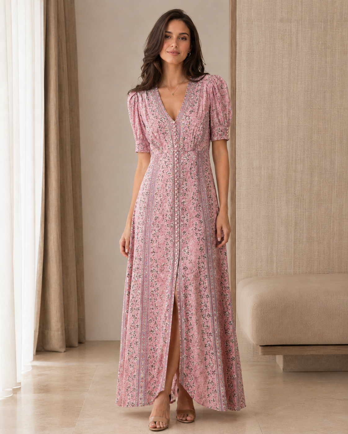 Front view of blush pink printed puff sleeve V-neck maxi dress with front slit