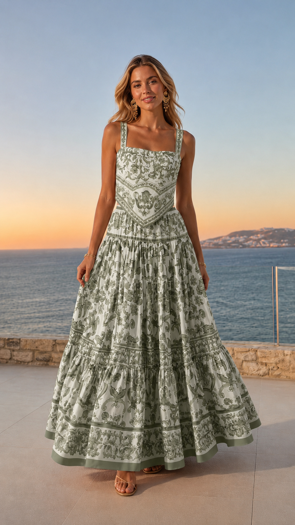 Front view of sage green printed tiered maxi dress