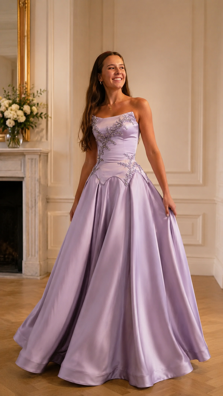 Lavender strapless ball gown with sparkling embellished bodice detail