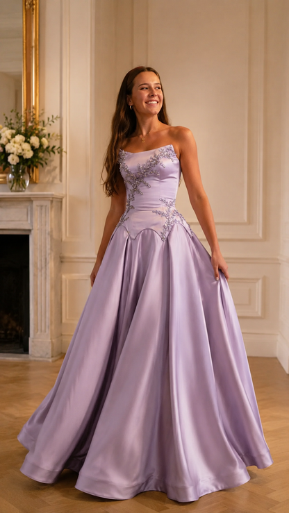 Lavender strapless ball gown with sparkling embellished bodice detail