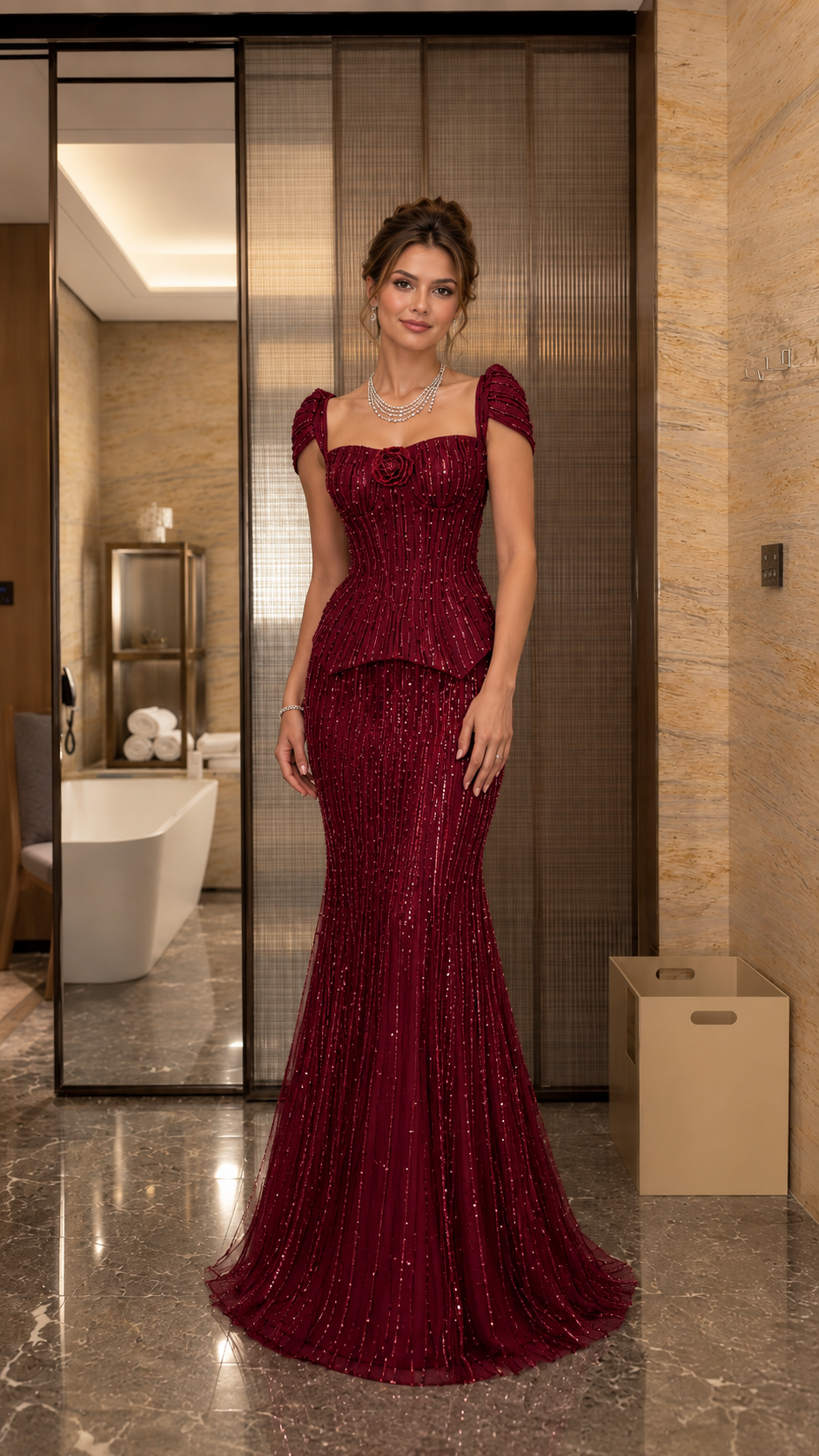 Front view of burgundy sweetheart mermaid gown with puff sleeves and sparkling finish