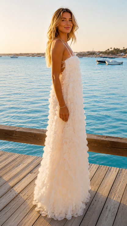 Ivory textured maxi dress side view showing relaxed drape and slim straps
