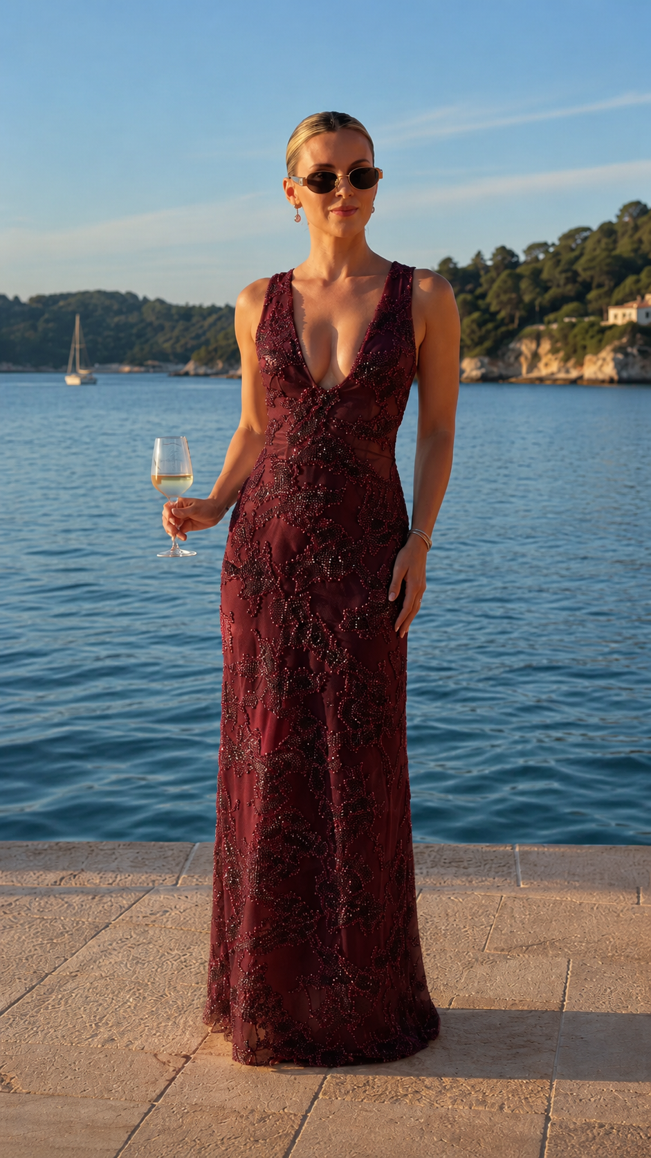 Front view of burgundy deep V-neck embellished lace maxi evening dress