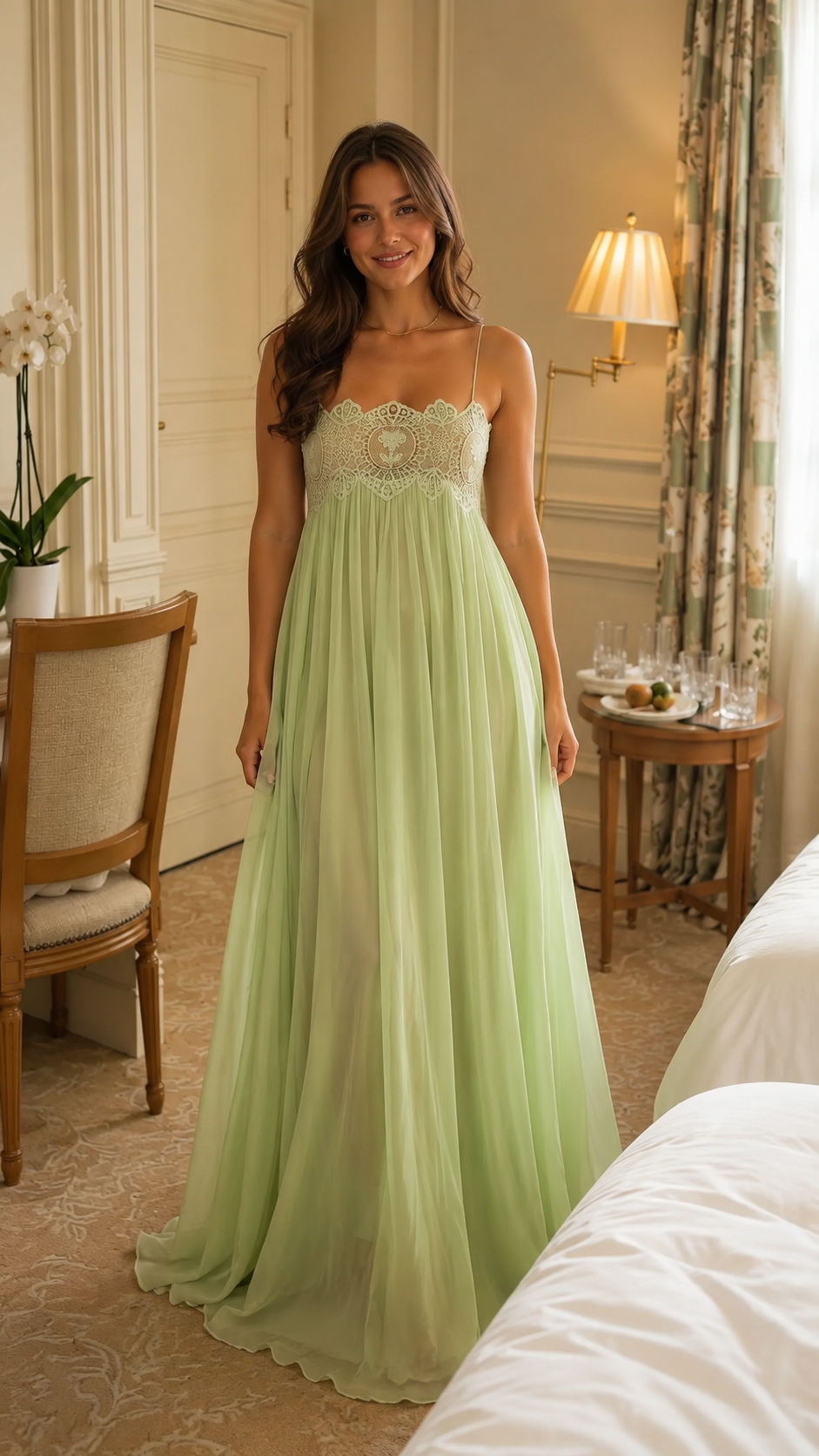 Sage lace bodice chiffon maxi slip dress full front view