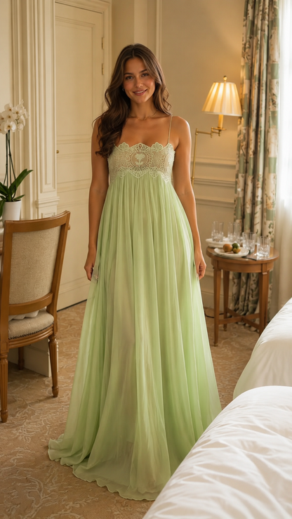 Sage lace bodice chiffon maxi slip dress full front view