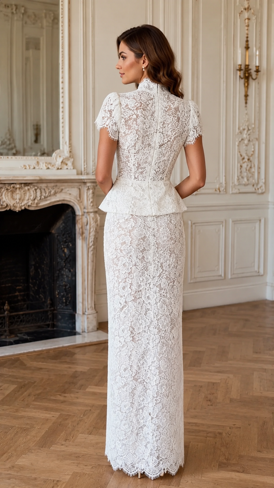 Back view of white lace peplum maxi dress