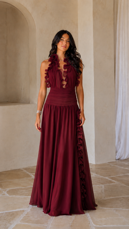 Burgundy ruffle halter maxi dress front view