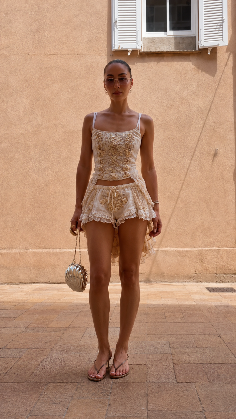 Front view of cream lace-look cami top and ruffle shorts set