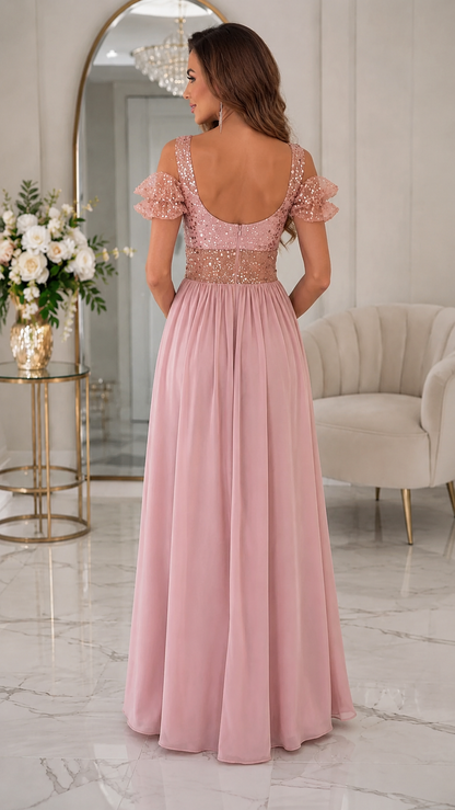 Back view of blush pink cold shoulder maxi evening dress