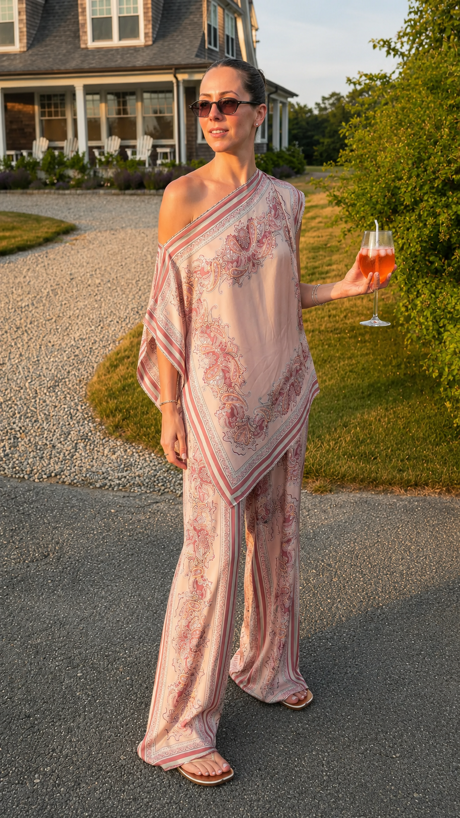 Model wearing blush pink printed one-shoulder poncho top and matching wide leg pants
